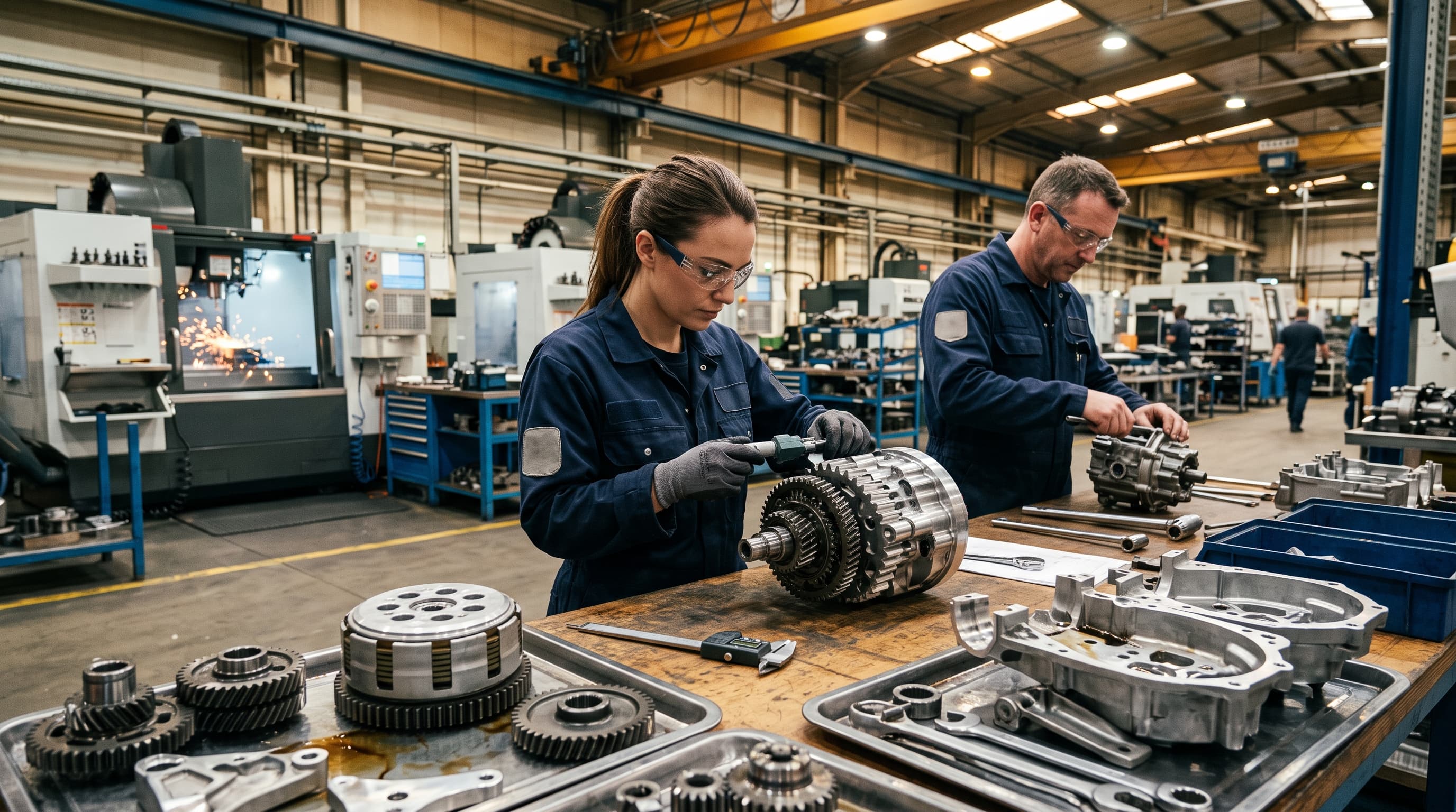 Engineers assembling motorcycle components on the Thimark shop floor