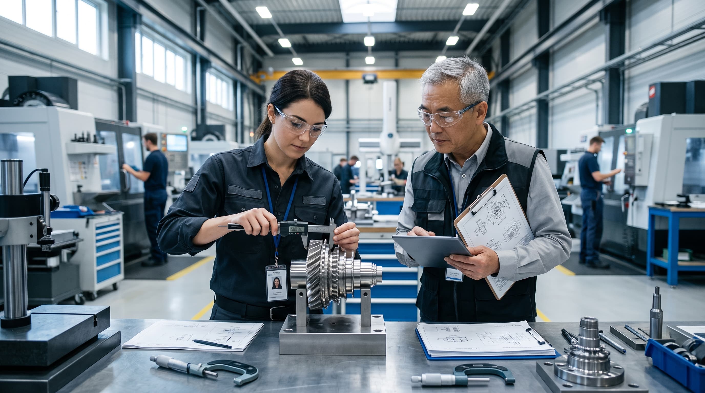 Engineer inspecting a precision-machined component