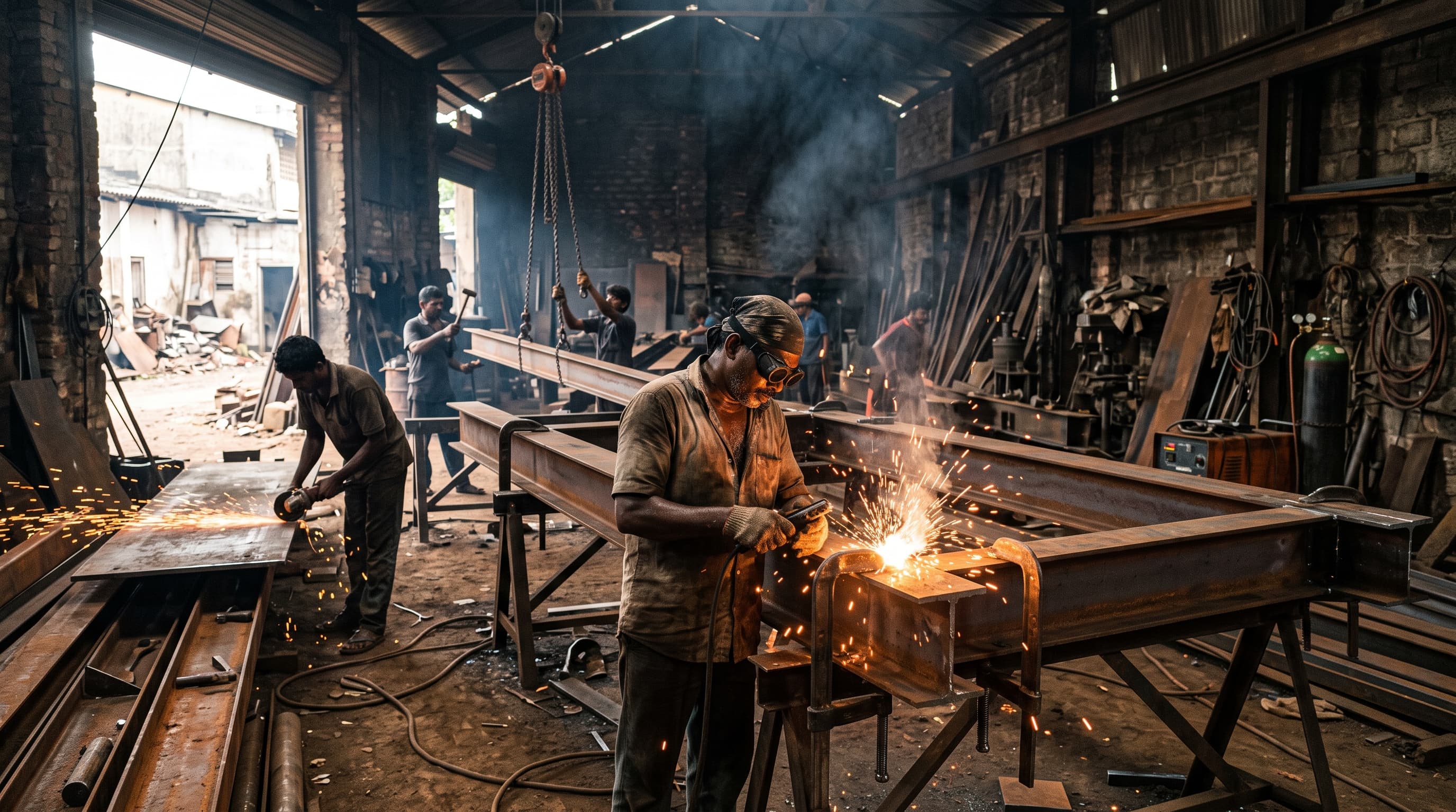 Welders fabricating heavy steel frames in the Thimark workshop