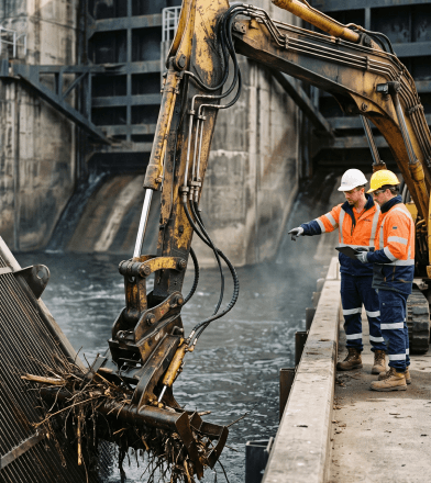The KILGHARRAH 600 clearing debris from a hydropower trash rack as engineers supervise