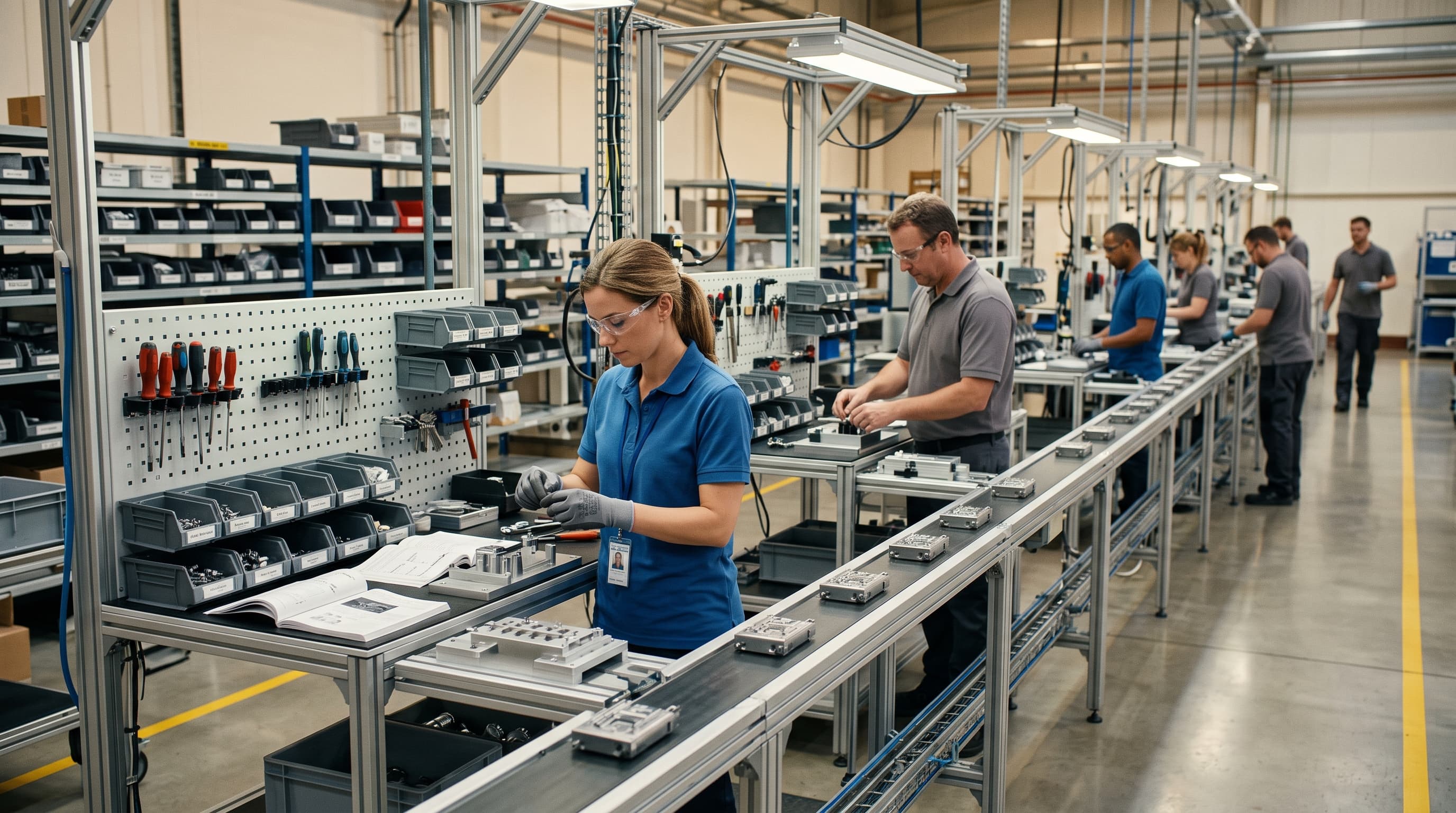 Operators forming parts on an organized production line