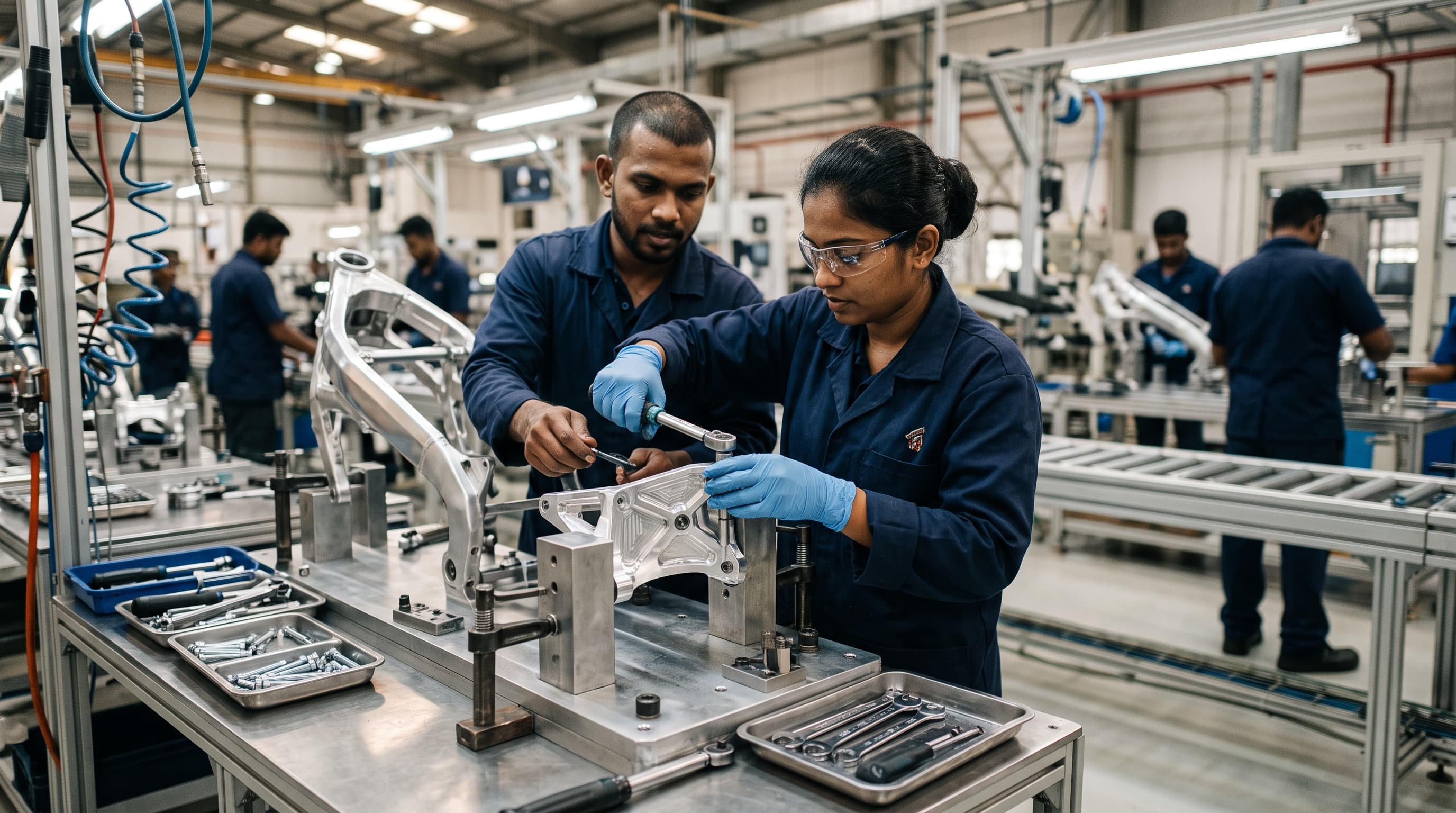 Engineers assembling a motorcycle frame on the production line