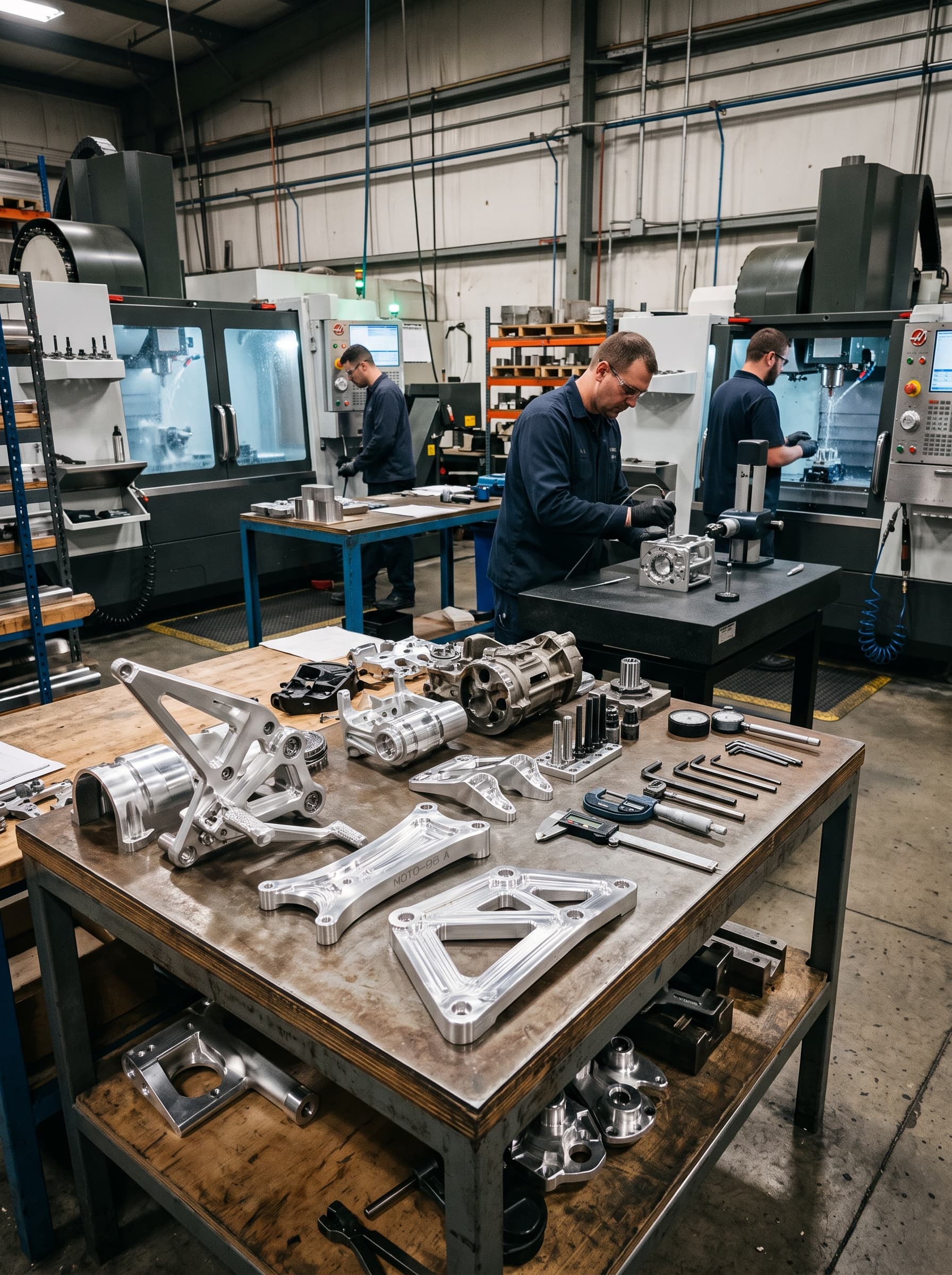 Precision OEM motorcycle components laid out on a Thimark workshop bench