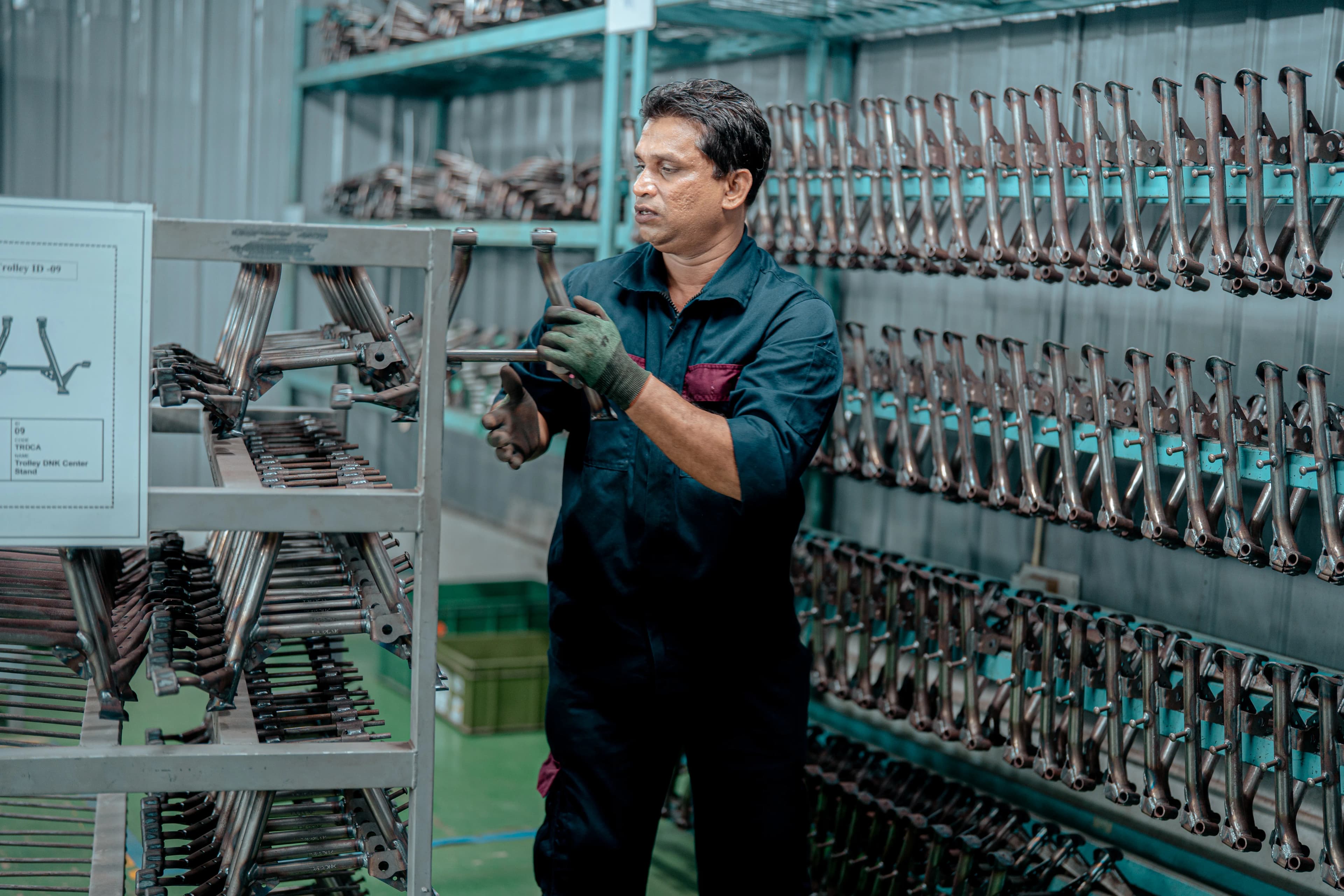 Operators working a lean production line with organized workstations